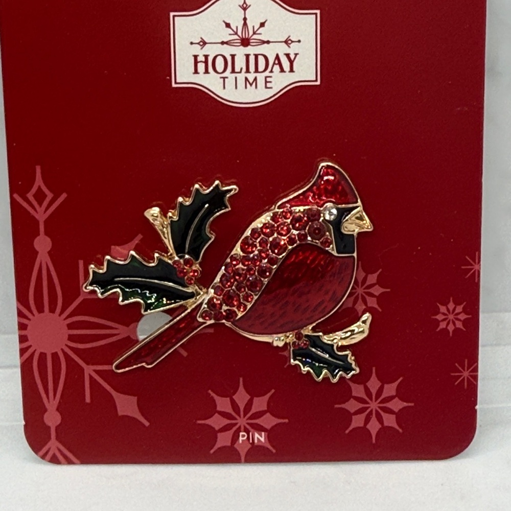 NWT Holiday Time Festive Red and Black Cardinal Rhinestone Pin Brooch